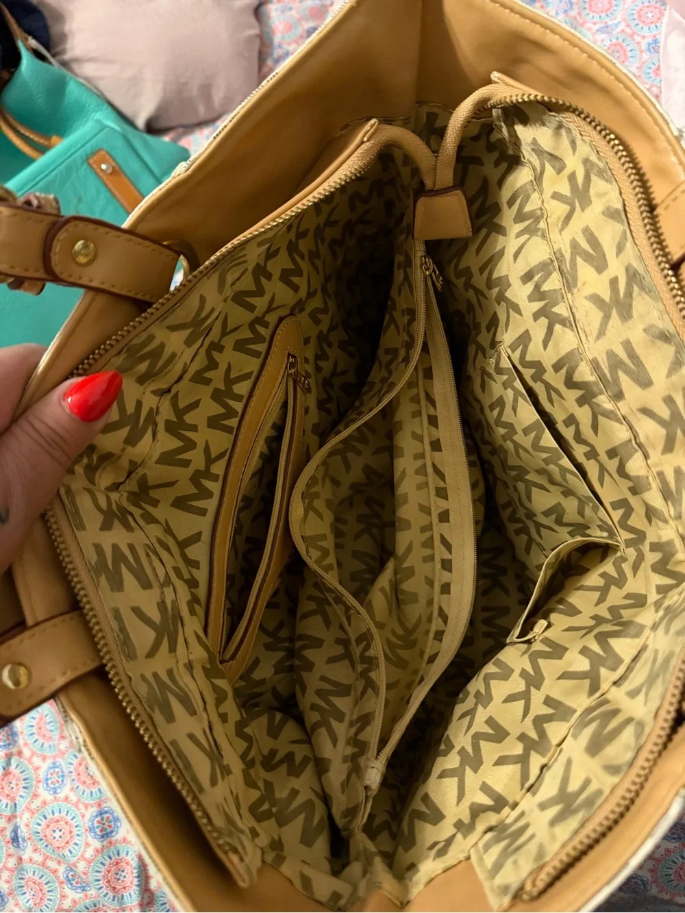 Michael Kors Beige Logo Tote with Tan Leather Straps and Gold Accents